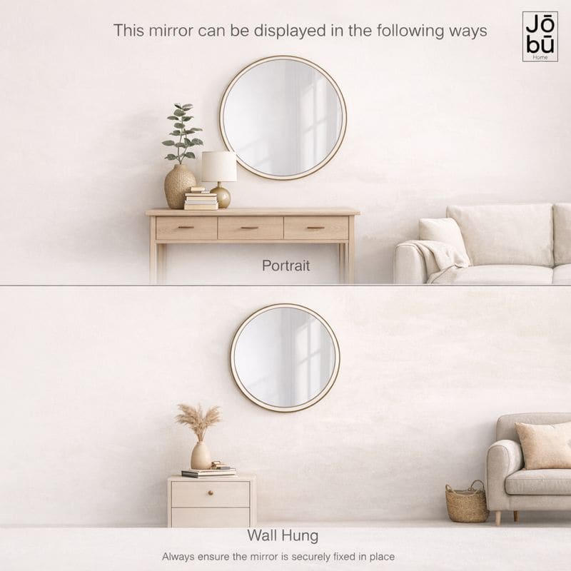 Jōbū Home black round metal mirror, 70cm diameter, wall-mounted with a sleek circular design for modern decor.