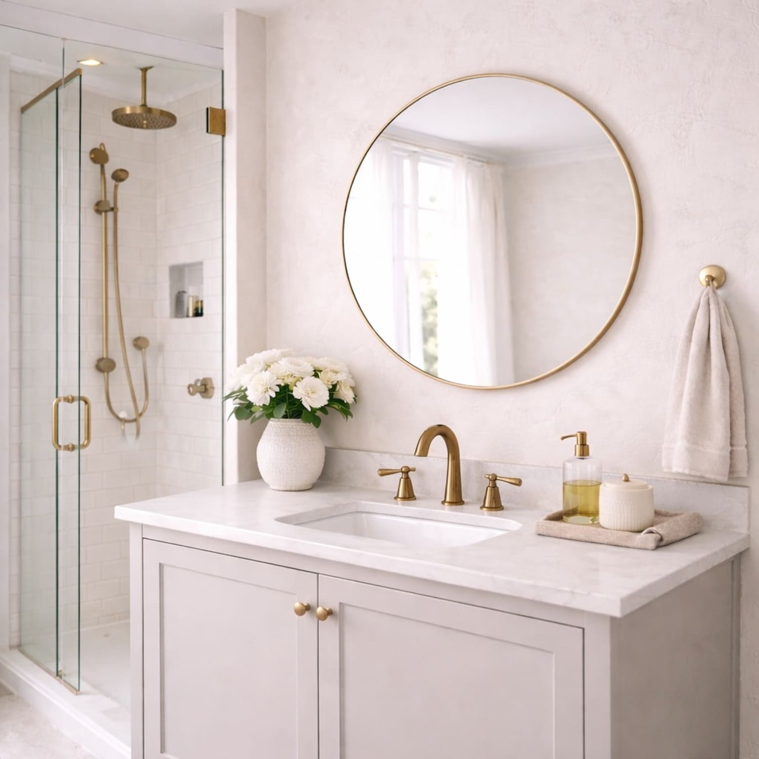 Jōbū Home Rei round gold metal circle mirror, 70cm x 70cm, with a sleek frame and reflective glass surface.