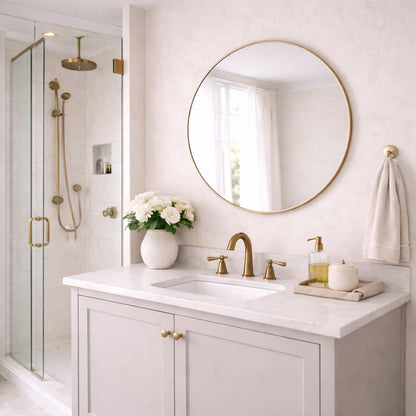Jōbū Home Rei round gold metal circle mirror, 70cm x 70cm, with a sleek frame and reflective glass surface.
