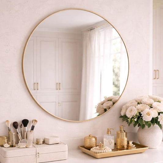 Round gold metal circle mirror by Jōbū Home, 70cm x 70cm with a sleek frame, perfect for modern interior decor.
