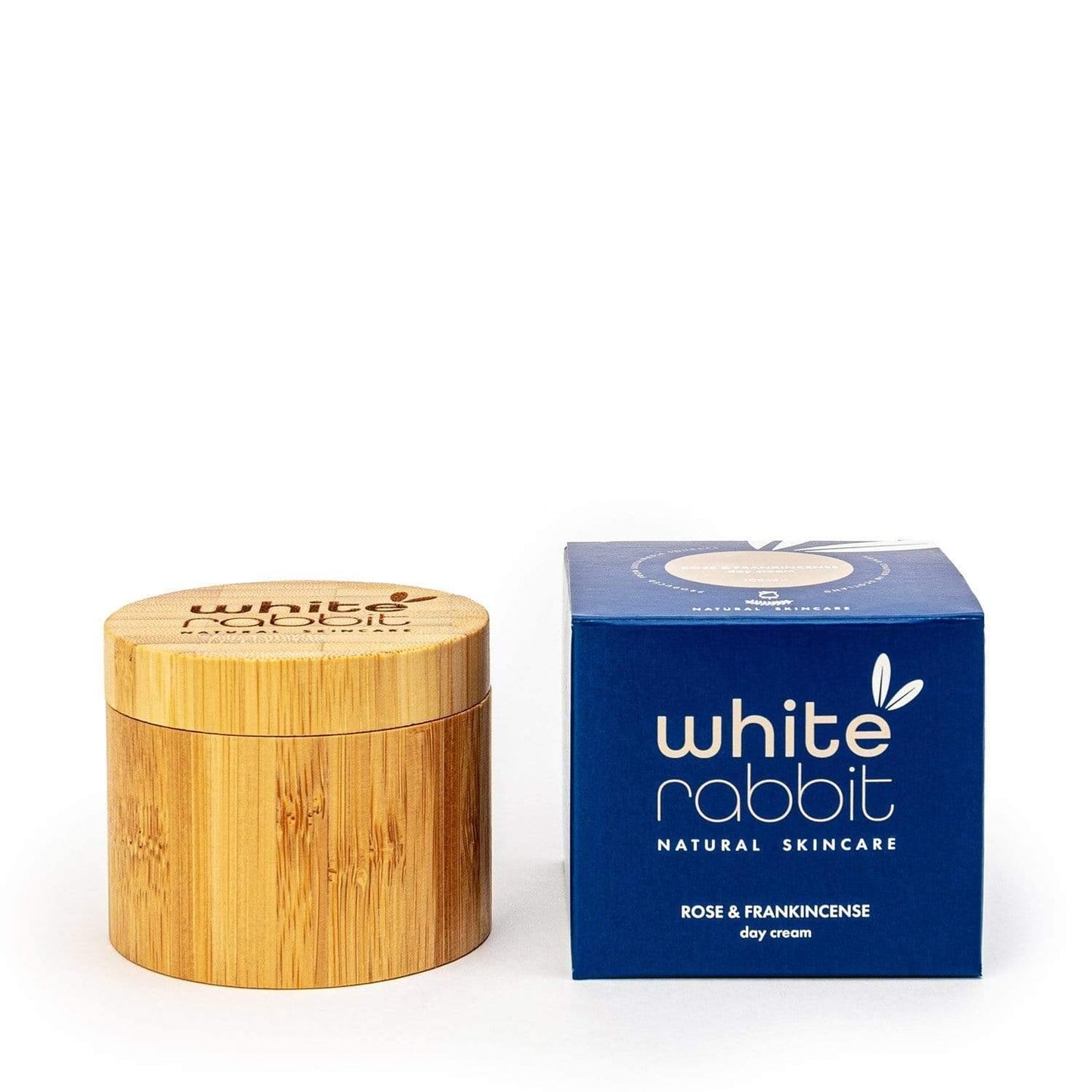 White Rabbit Skin Care Rose and Frankincense Revitalising Day Cream Moisturiser in 100ml jar with floral and herbal ingredients.