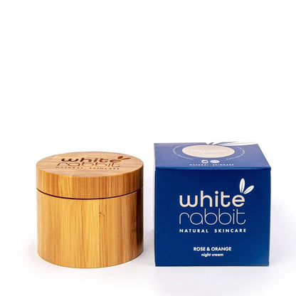 White Rabbit Skin Care Rose & Orange Rejuvenating Night Cream in 100ml jar, featuring rose and orange ingredients for nourishing skin.