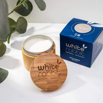 White Rabbit Skin Care Rose & Orange Rejuvenating Night Cream moisturizer in 100ml jar with rose and orange ingredients