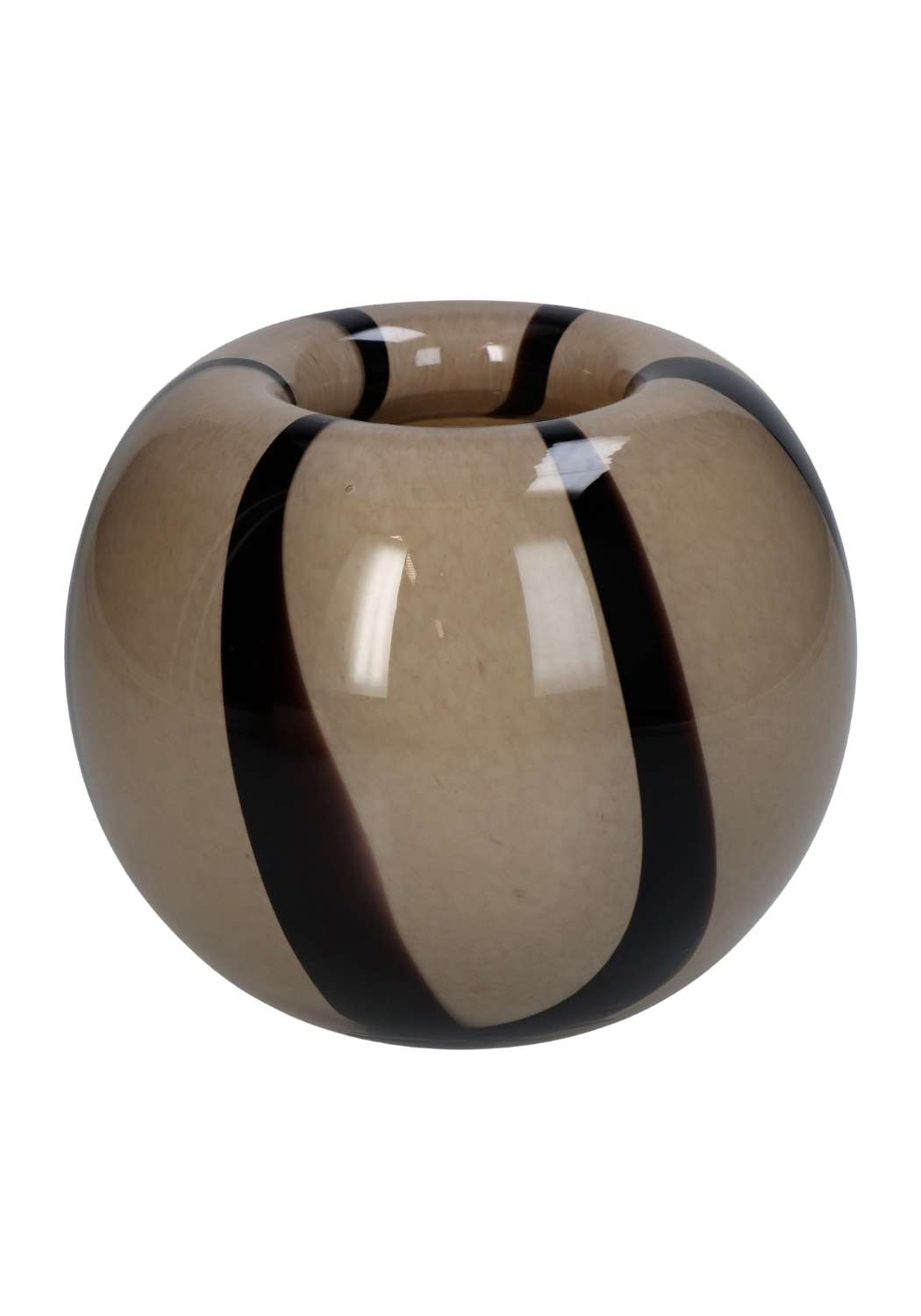 Rounded striped two-toned brown vase by Casa by Josephine Jenno, featuring a smooth, curved design with contrasting brown and beige stripes.