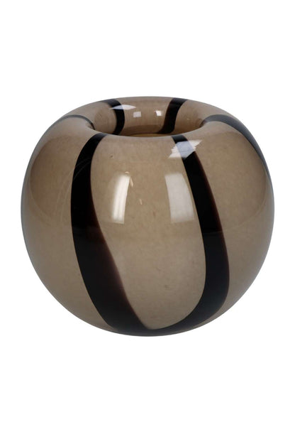 Rounded striped two-toned brown vase by Casa by Josephine Jenno, featuring a smooth, curved design with contrasting brown and beige stripes.