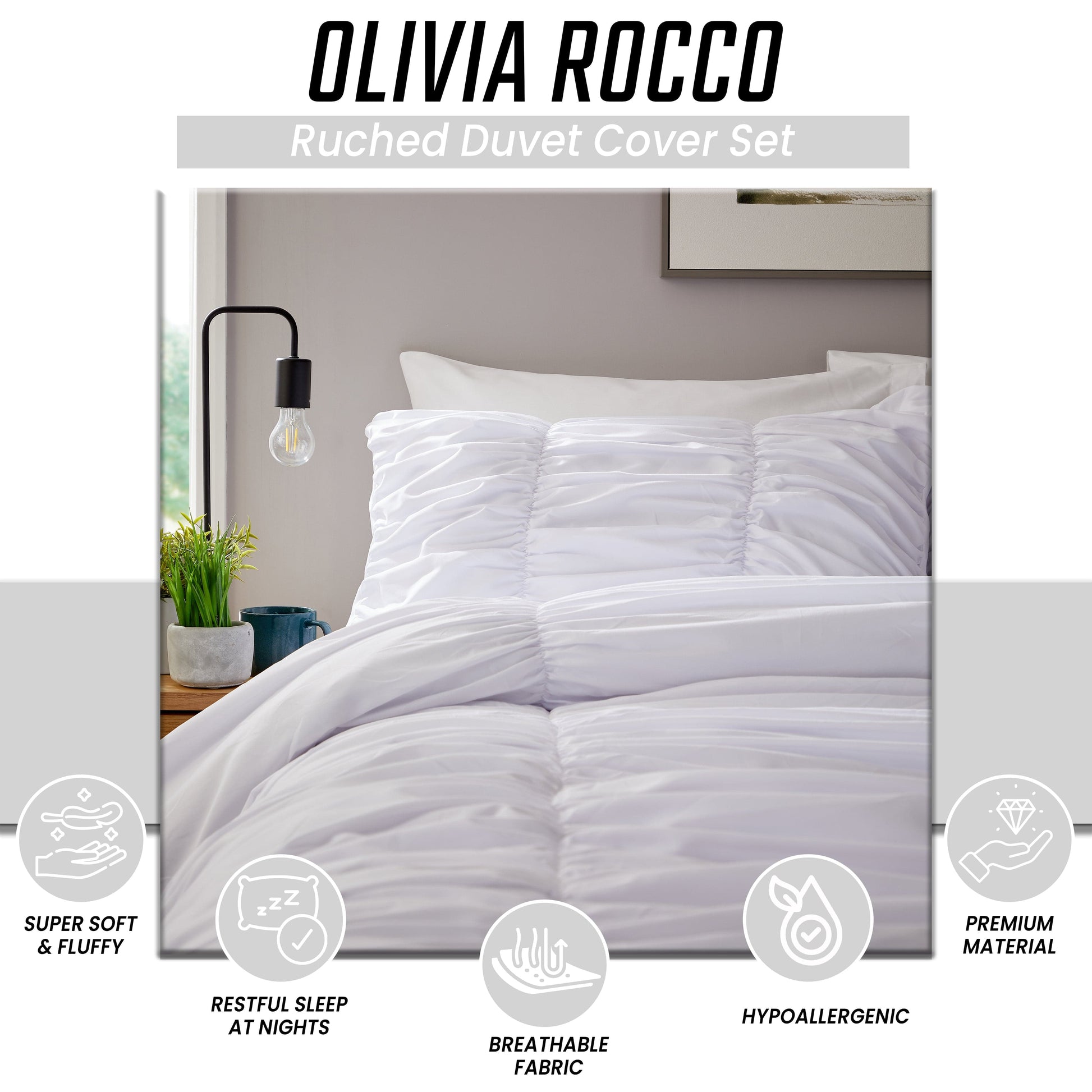 OLIVIA ROCCO white ruched microfiber duvet cover set with matching pillowcases, soft and easy-care bedding for modern bedrooms.