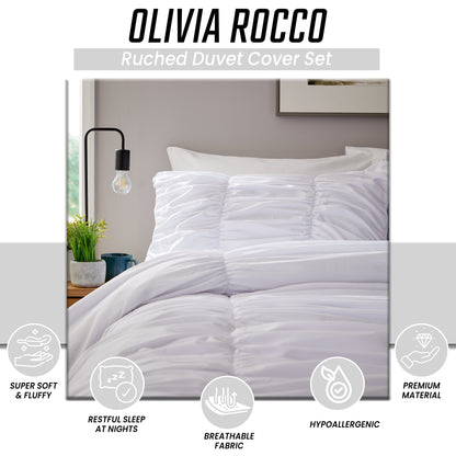 OLIVIA ROCCO white ruched microfiber duvet cover set with matching pillowcases, soft and easy-care bedding for modern bedrooms.