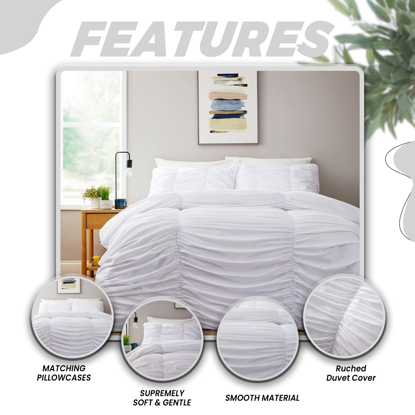 OLIVIA ROCCO ruched white microfibre duvet cover set with pillowcases, ruffle bedding, soft and easy-care for modern bedrooms.
