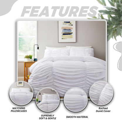OLIVIA ROCCO ruched white microfibre duvet cover set with pillowcases, ruffle bedding, soft and easy-care for modern bedrooms.