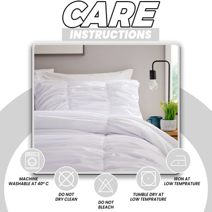 OLIVIA ROCCO white ruched microfibre duvet cover set with matching pillowcases, soft, easy-care bedding for modern bedrooms.