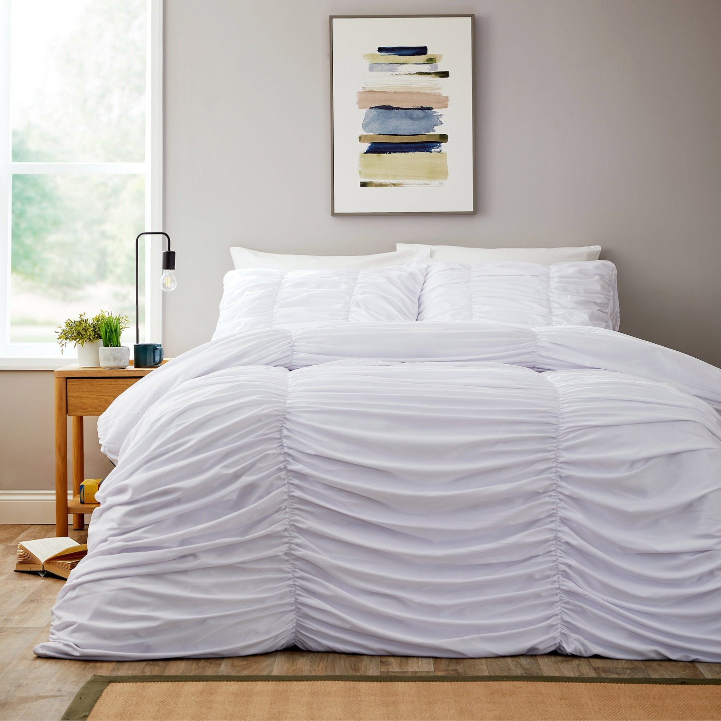 OLIVIA ROCCO white ruched microfiber duvet cover set with matching pillowcases, featuring ruffle details, soft and easy care bedding.
