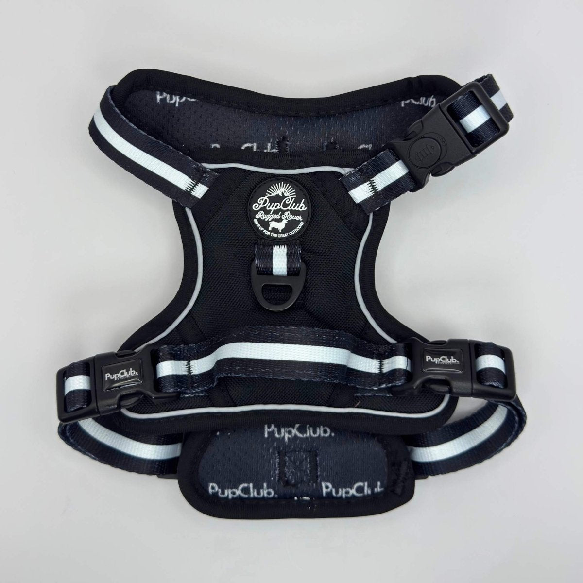 Midnight black Rugged Rover dog harness by PupClub Couture, shown from the back with adjustable straps and sturdy design.