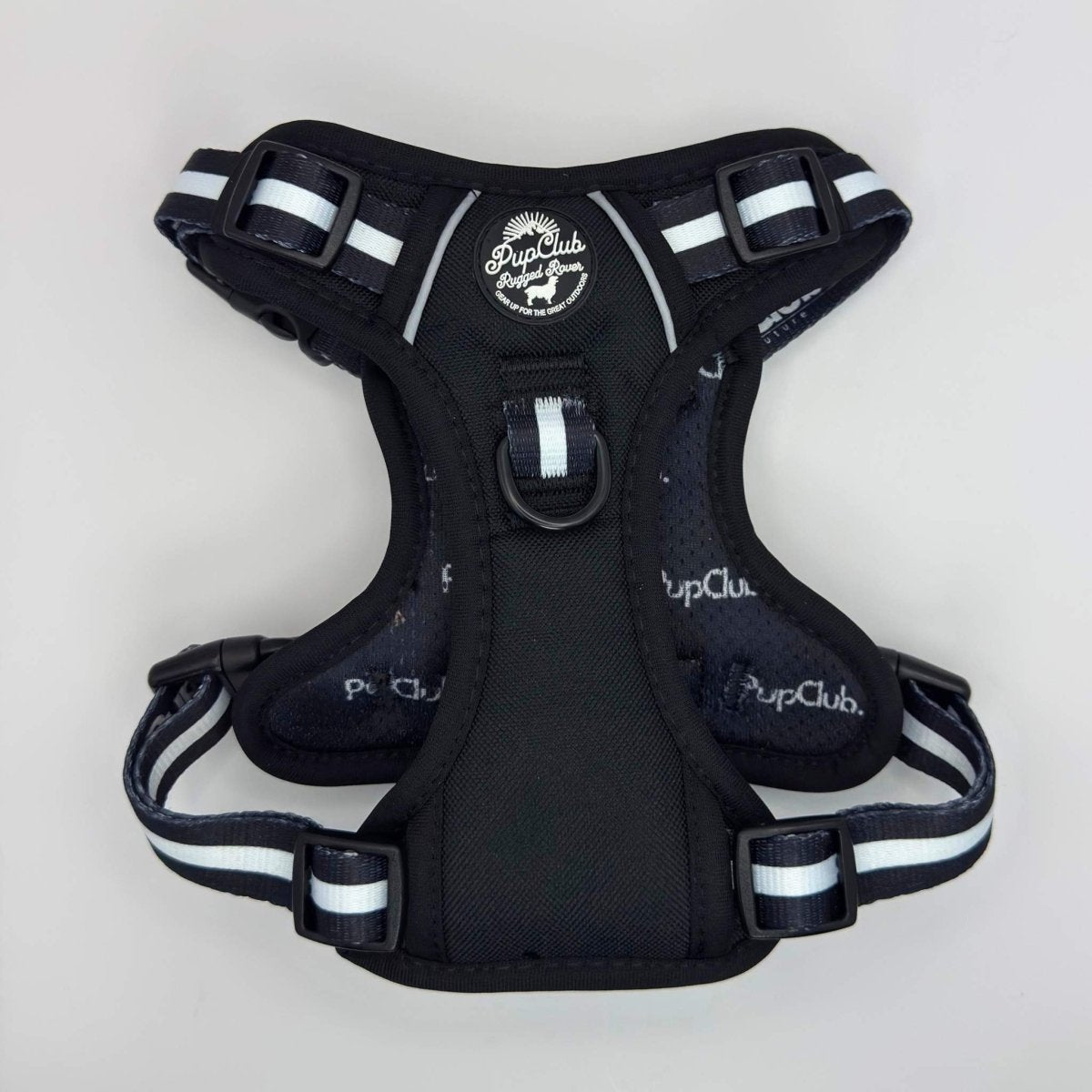 Rugged Rover™ dog harness in midnight black with sturdy straps, designed for comfort and durability by PupClub Couture.
