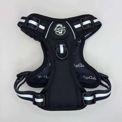 Rugged Rover™ dog harness in midnight black with sturdy straps, designed for comfort and durability by PupClub Couture.