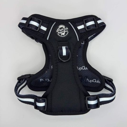 Rugged Rover™ dog harness in midnight black with sturdy straps, designed for comfort and durability by PupClub Couture.