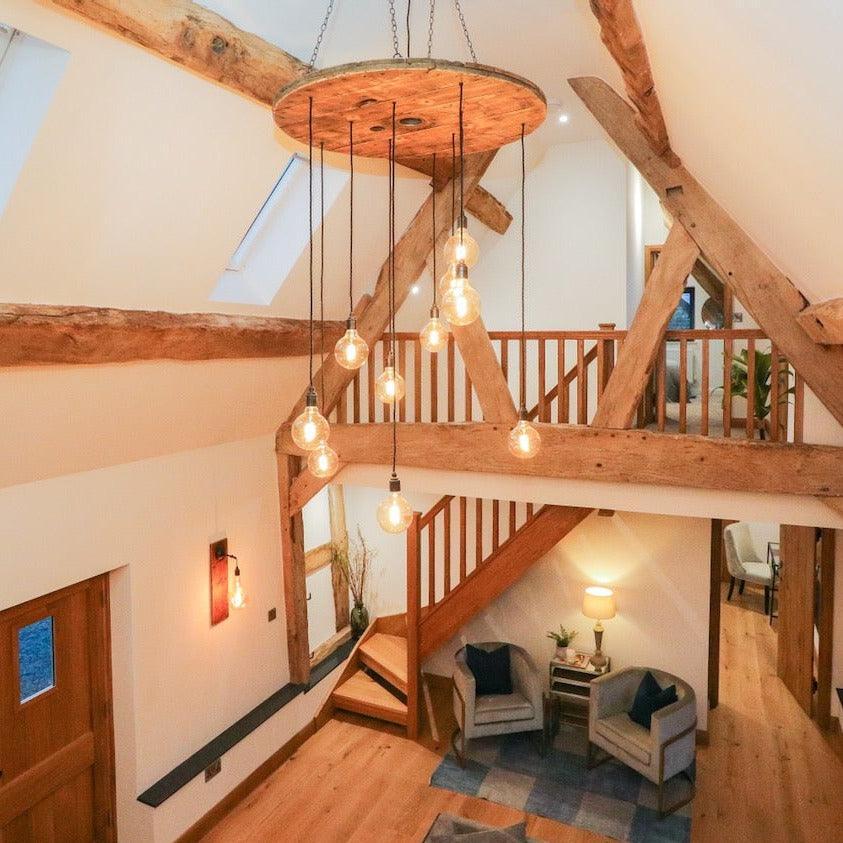 Rustic Cable Reel Cluster Chandelier | High Ceiling Stairwell Pendant Light