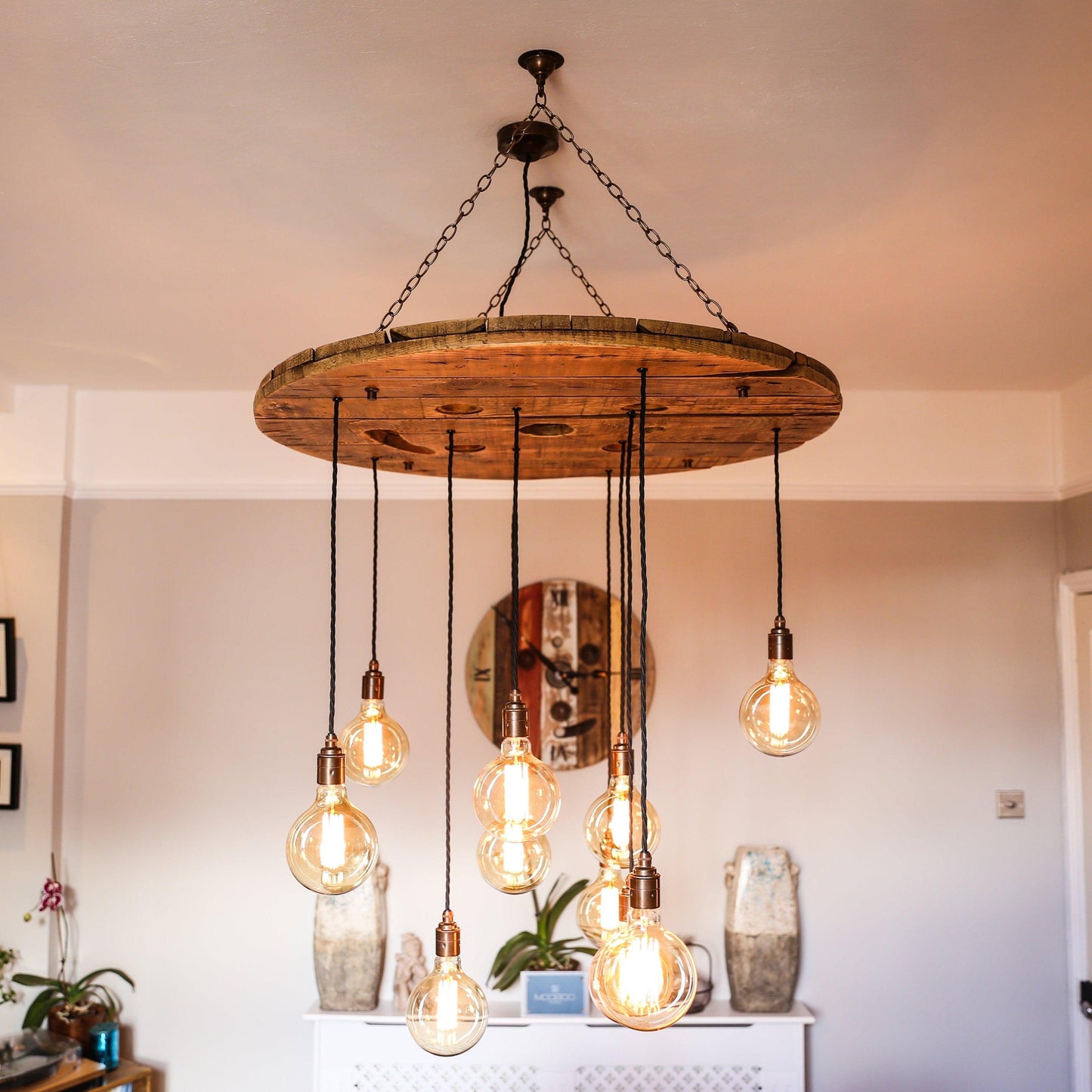 Rustic Cable Reel Cluster Chandelier | High Ceiling Stairwell Pendant Light