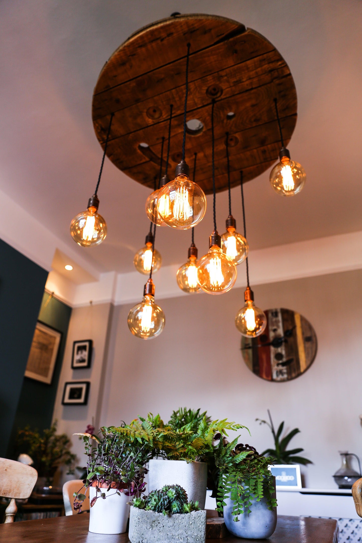 Rustic Cable Reel Cluster Chandelier | High Ceiling Stairwell Pendant Light