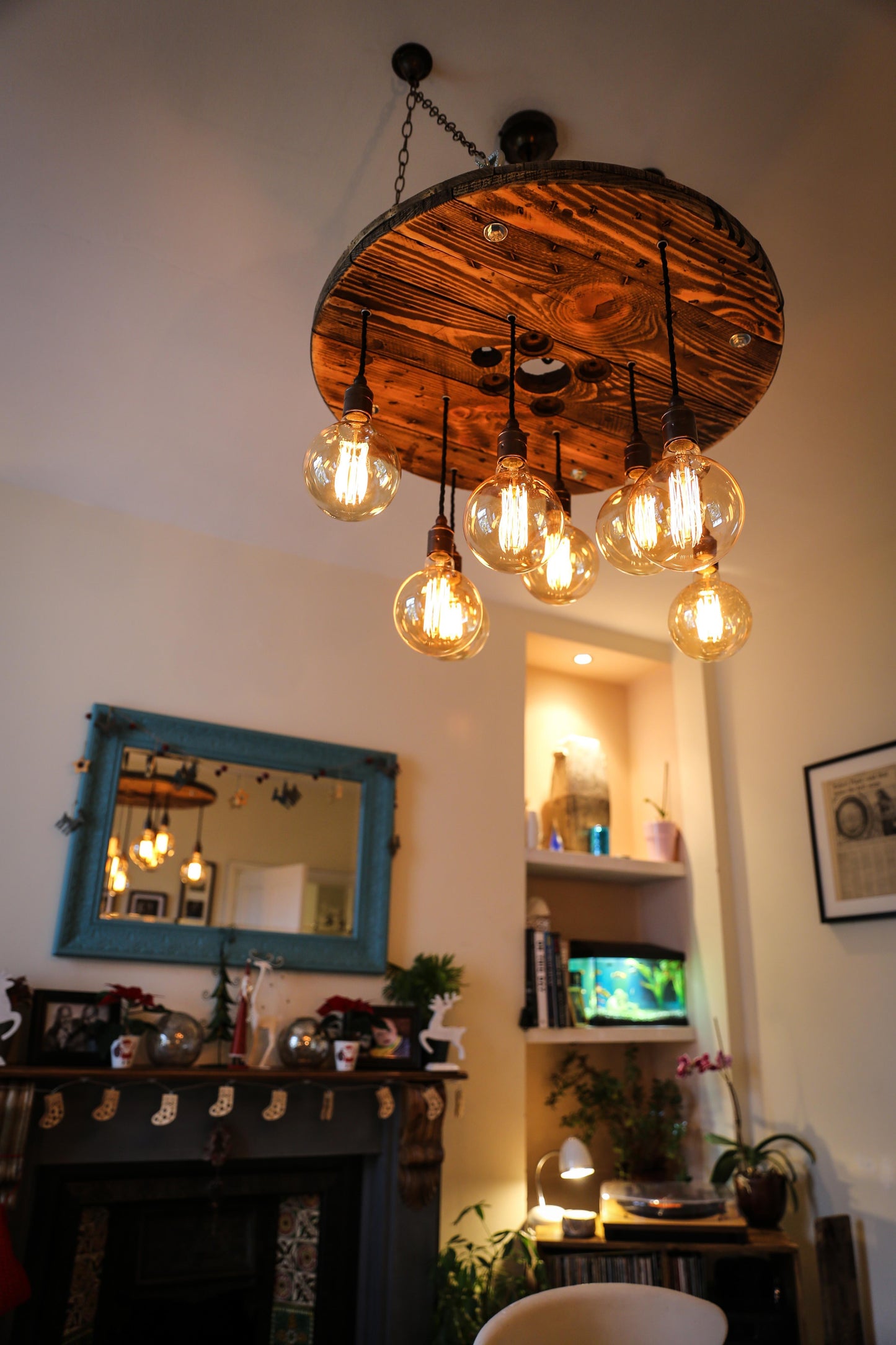 Rustic Cable Reel Cluster Chandelier | High Ceiling Stairwell Pendant Light