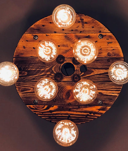 Rustic Cable Reel Cluster Chandelier | High Ceiling Stairwell Pendant Light