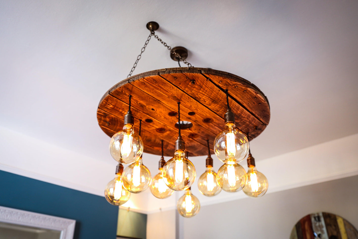 Rustic Cable Reel Cluster Chandelier | High Ceiling Stairwell Pendant Light