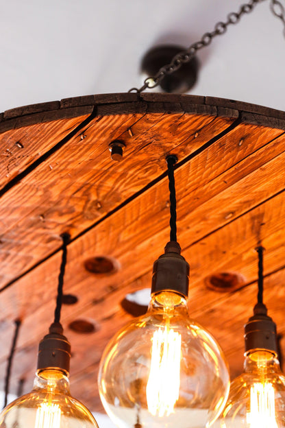 Rustic Cable Reel Cluster Chandelier | High Ceiling Stairwell Pendant Light