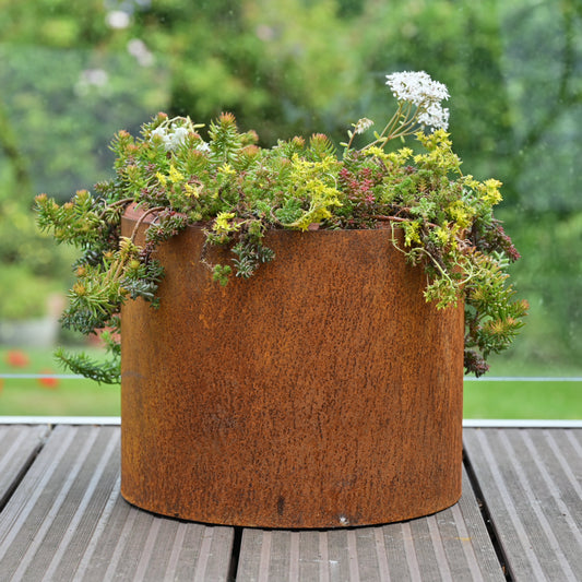 Rusty metal plant pot from SavageWorksUK, a garden planter with a weathered, rustic appearance suitable for outdoor gardening.