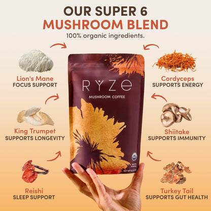 RYZE Superfoods Mushroom Coffee | 6 Mushroom Blend with MCT Oil
