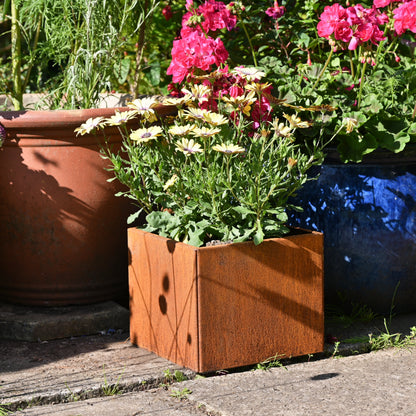 Rusty square metal plant pot by savageworksuk, ideal for outdoor or indoor plants with a weathered, rustic finish.