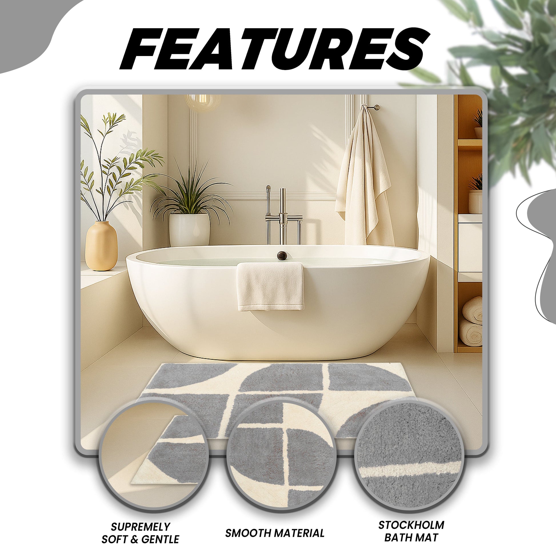 OLIVIA ROCCO Stockholm bath mat with non-slip backing, soft water-absorbent cotton blend, quick-drying bathroom floor rug