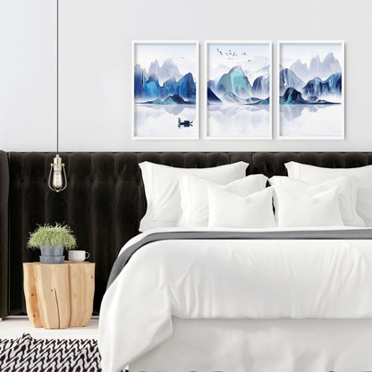 Set of three teal Japanese wall decor prints by About Wall Art, ideal for bedroom wall art and interior decoration.