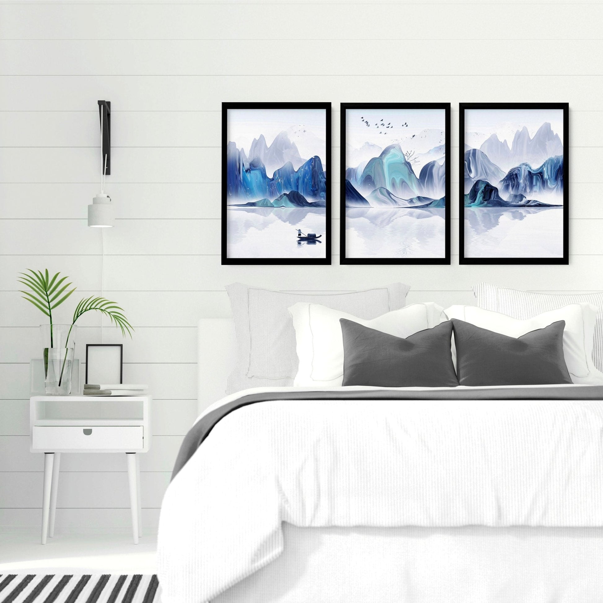 Set of three teal Japanese wall decor prints for bedroom, featuring traditional art designs by About Wall Art.