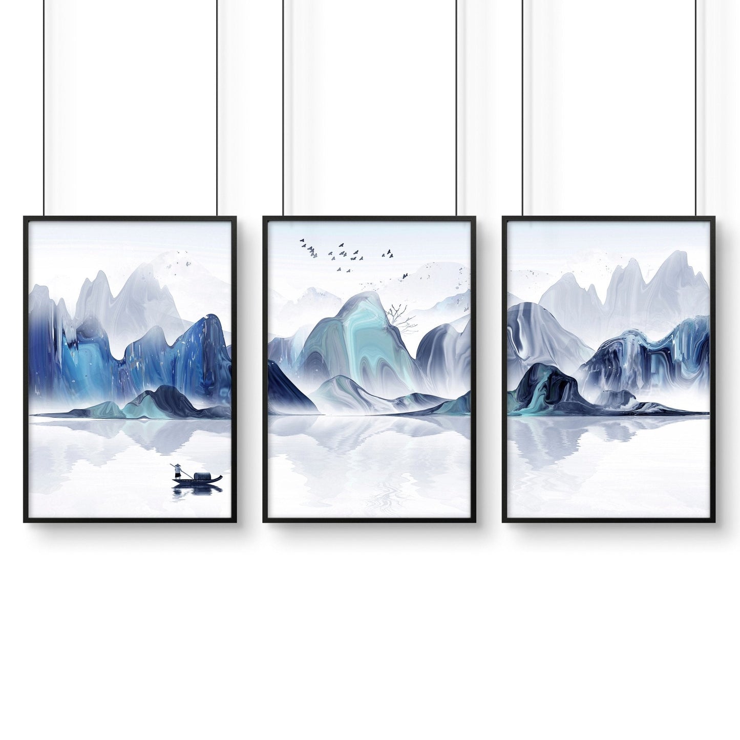 Set of 3 teal Japanese wall decor prints for bedroom, featuring traditional art styles, by About Wall Art.