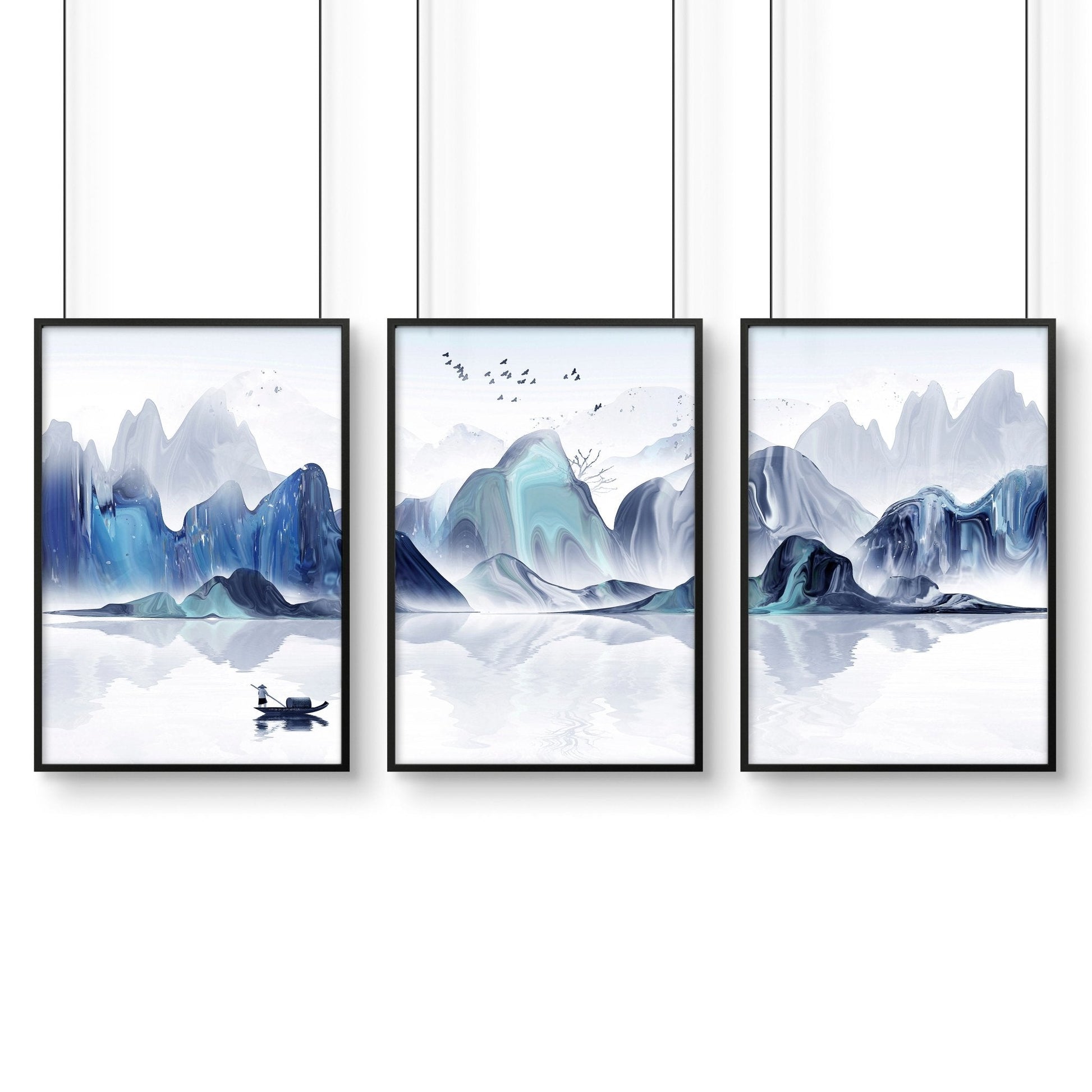 Set of 3 teal Japanese wall decor prints for bedroom, featuring traditional art styles, by About Wall Art.