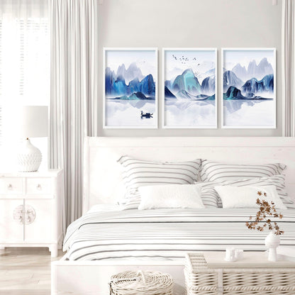 Set of three teal Japanese wall decor prints for bedroom, featuring traditional art designs by About Wall Art