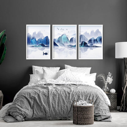 Set of three teal Japanese wall decor prints for bedroom, featuring traditional art and serene design by About Wall Art.