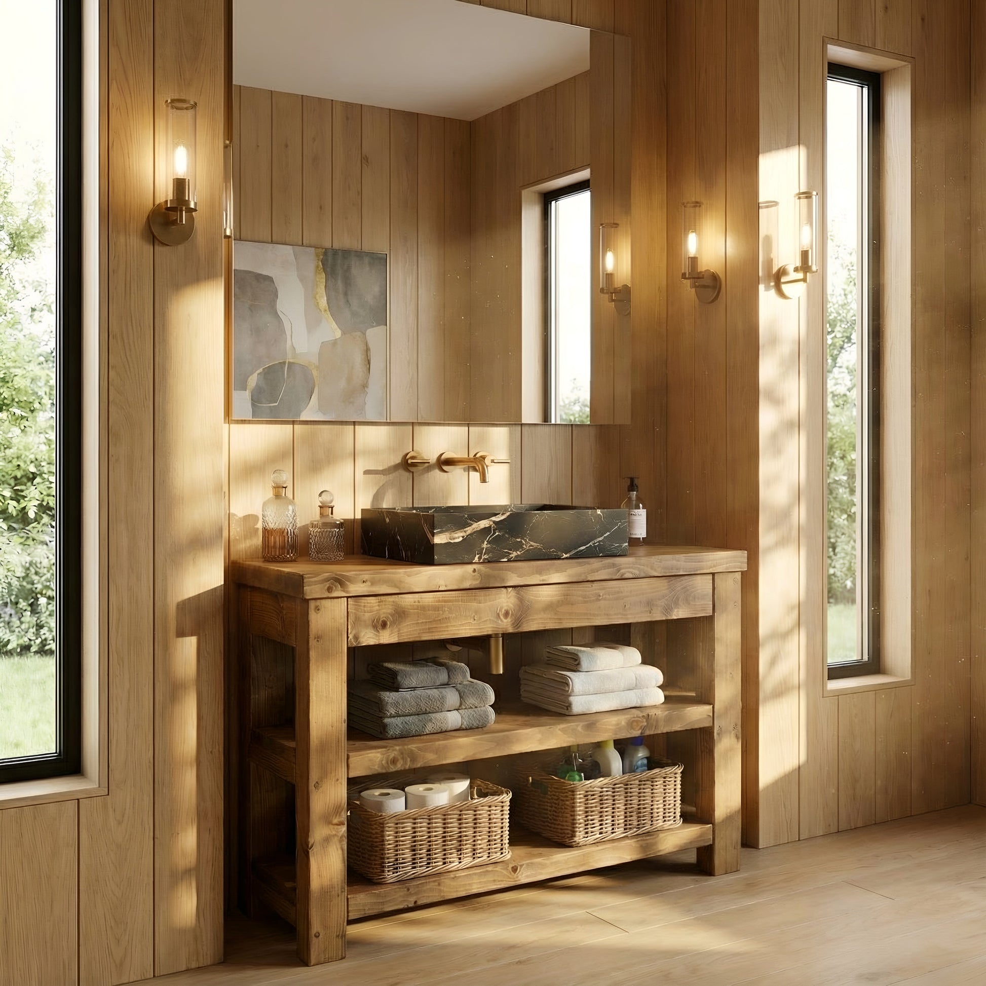 Solid wood TERO bathroom vanity with shelf, natural finish, featuring a modern design and practical storage space.