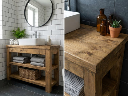 Close-up of Tribe Joinery TERO solid wood bathroom vanity with shelf, showcasing its natural wood grain and sleek design.