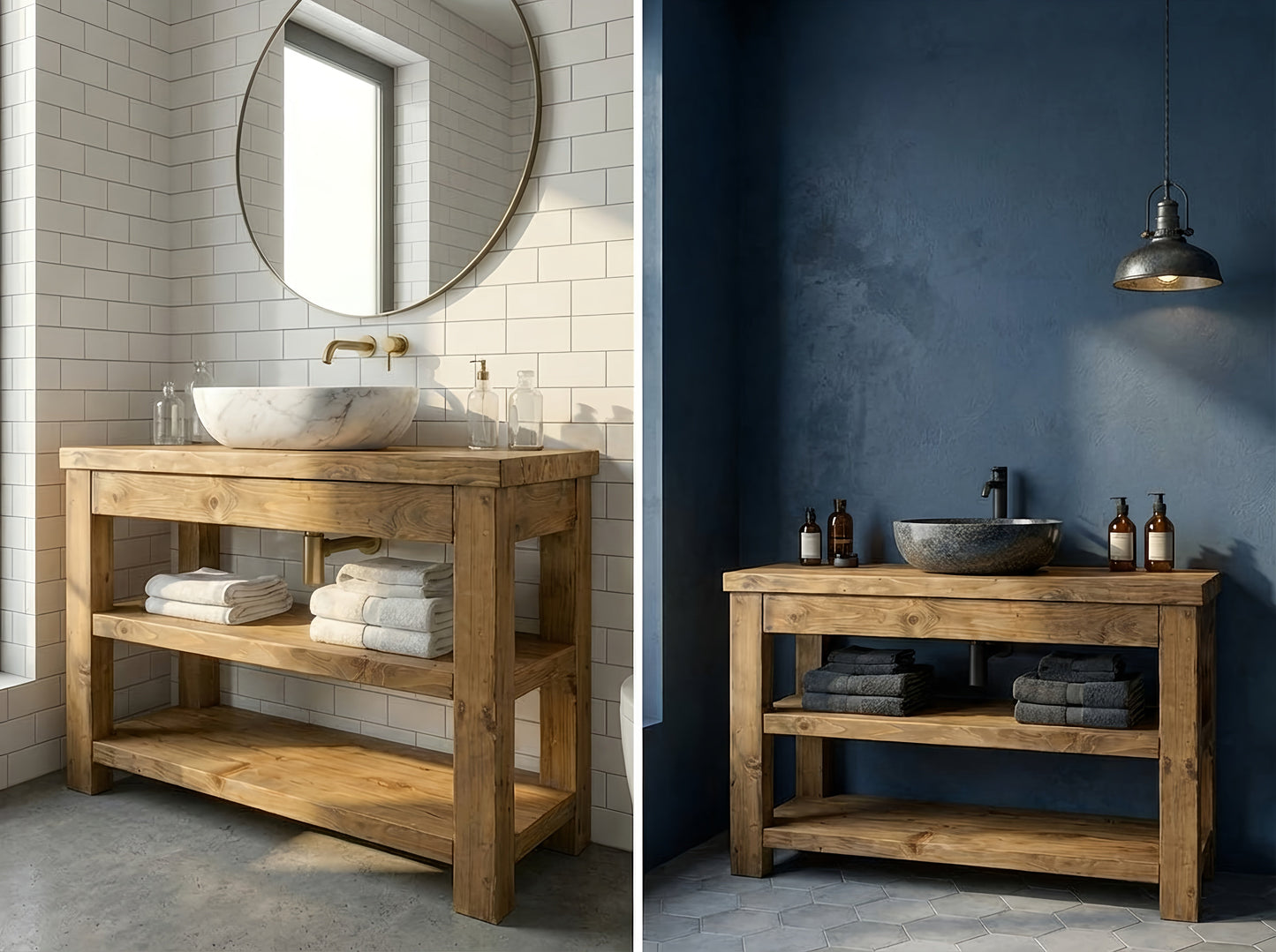 Close-up of the TERO Solid Wood Bathroom Vanity with shelf by Tribe Joinery, showcasing its smooth wood finish and built-in shelf design.