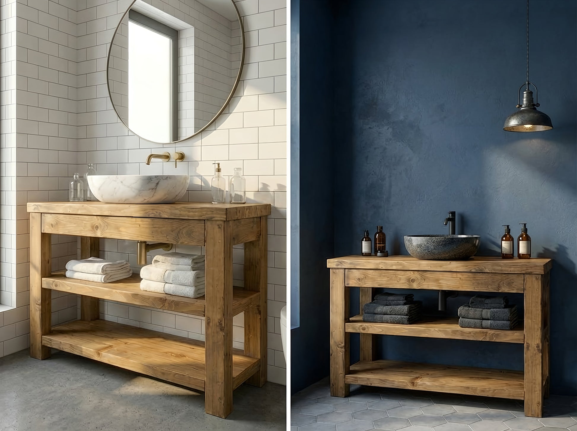 Close-up of the TERO Solid Wood Bathroom Vanity with shelf by Tribe Joinery, showcasing its smooth wood finish and built-in shelf design.