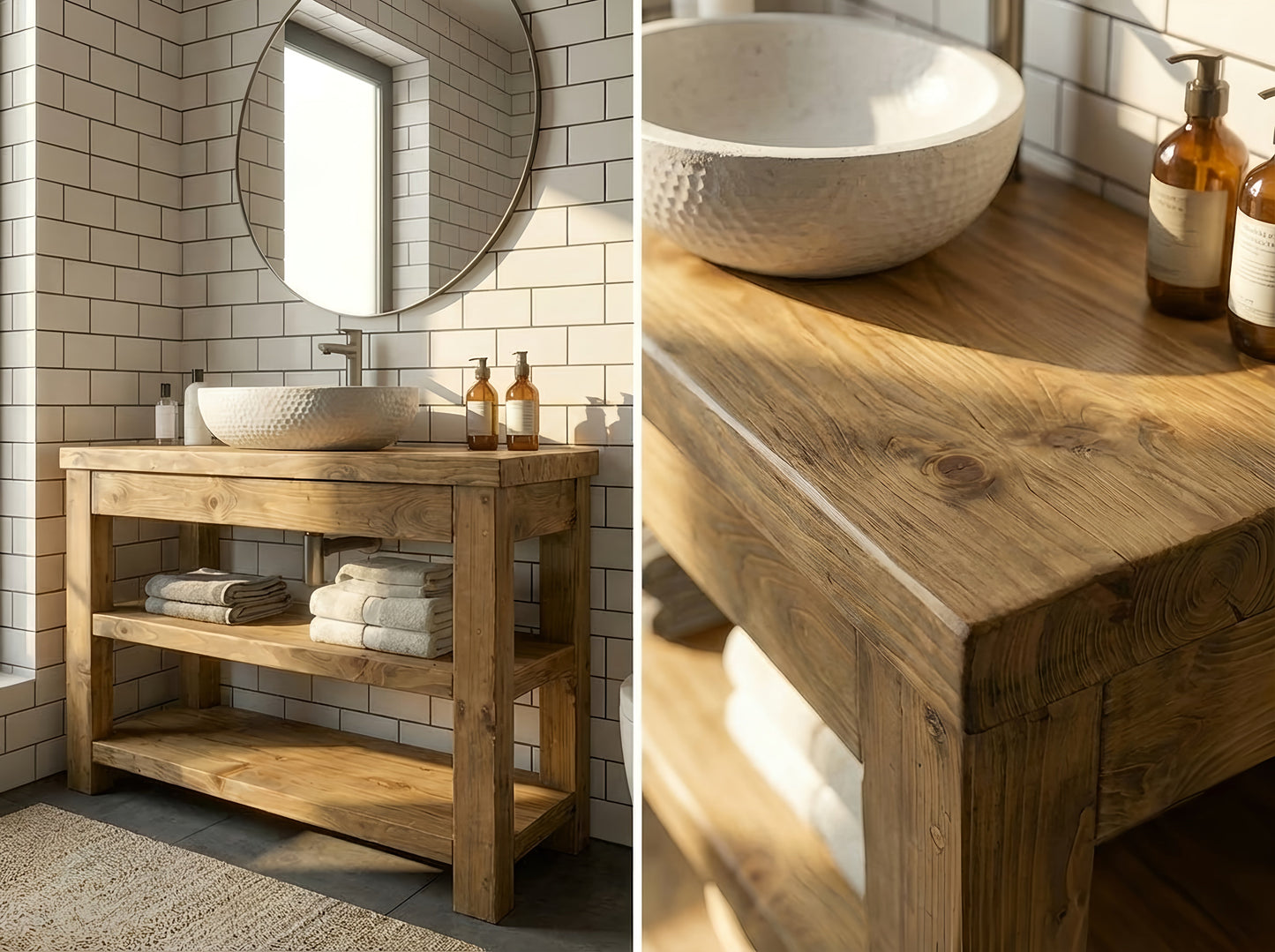Close-up of TERO solid wood bathroom vanity with shelf by Tribe Joinery, showcasing its natural wood grain and sleek design.