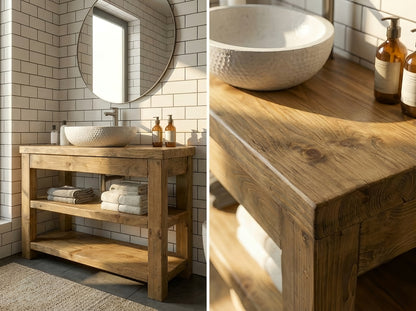 Close-up of TERO solid wood bathroom vanity with shelf by Tribe Joinery, showcasing its natural wood grain and sleek design.