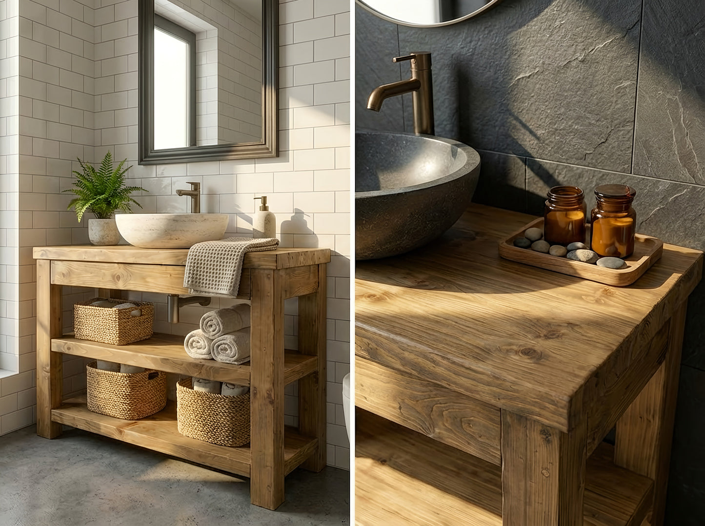 Close-up of Tribe Joinery TERO solid wood bathroom vanity with integrated shelf, showcasing its natural wood finish and craftsmanship.