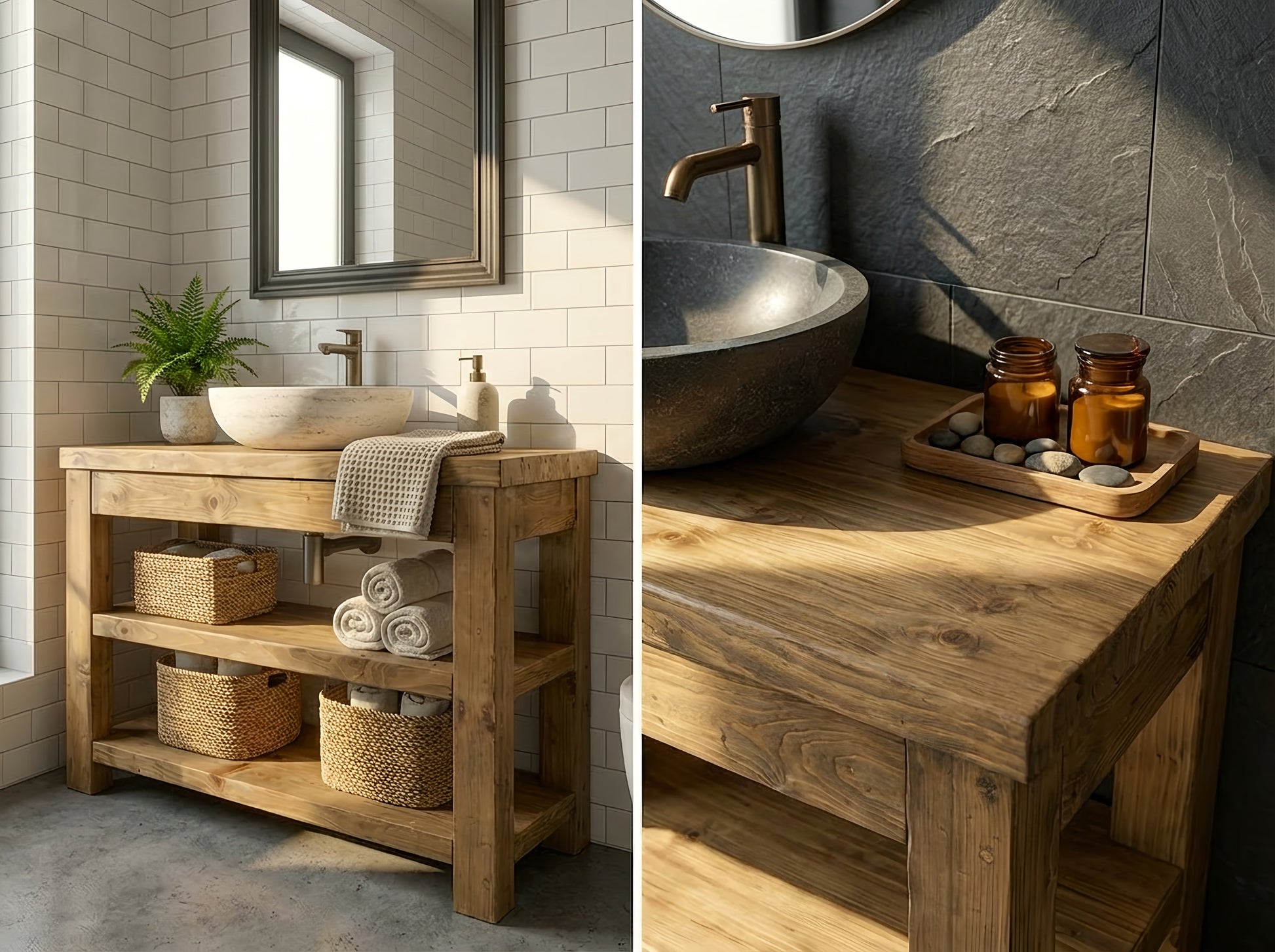 Close-up of Tribe Joinery TERO solid wood bathroom vanity with integrated shelf, showcasing its natural wood finish and craftsmanship.