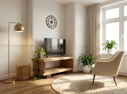 Solid wood TORIE TV unit by Tribe Joinery featuring a minimalist rustic design with clean lines and natural wood finish.