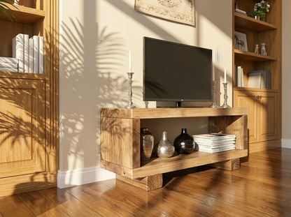 Solid wood TORIE TV unit by Tribe Joinery featuring a chunky, minimalist rustic media console with clean lines and natural wood finish.