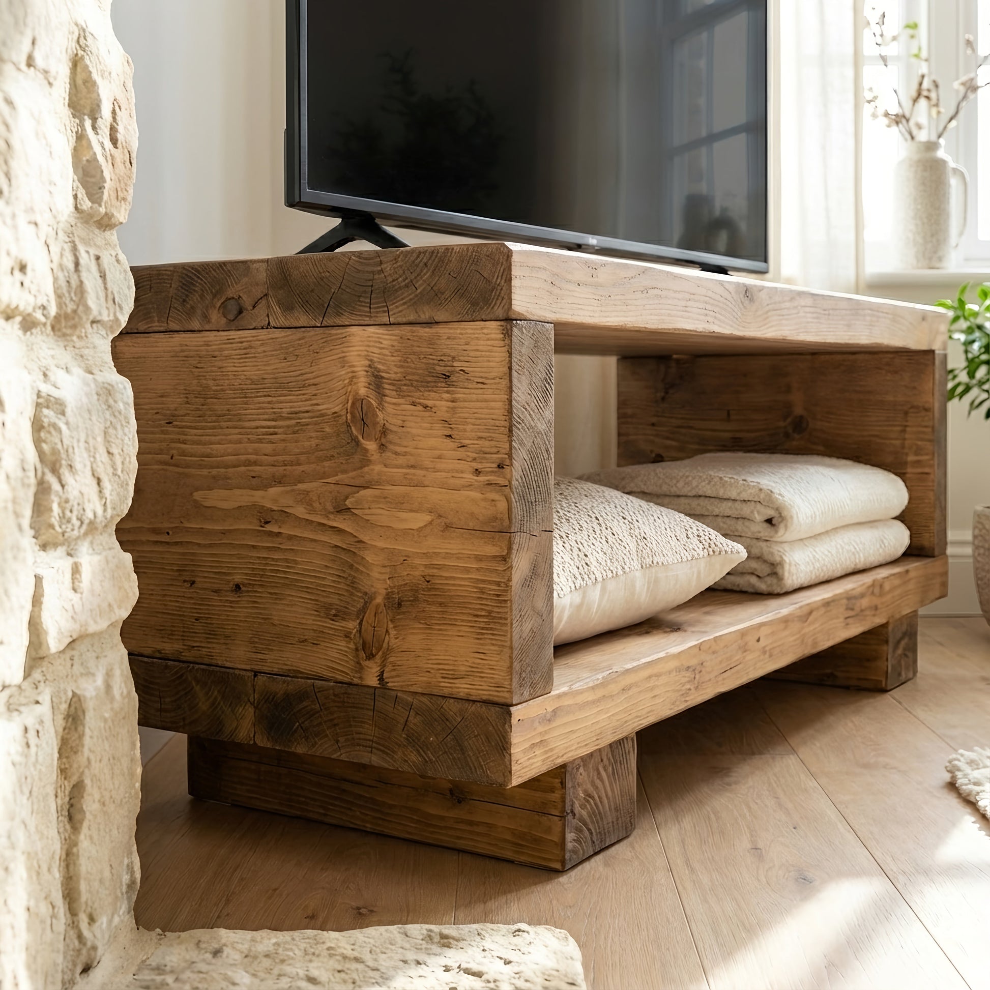 Profile view of the Tribe Joinery TORIE solid wood chunky TV unit, showcasing minimalist rustic media console design.