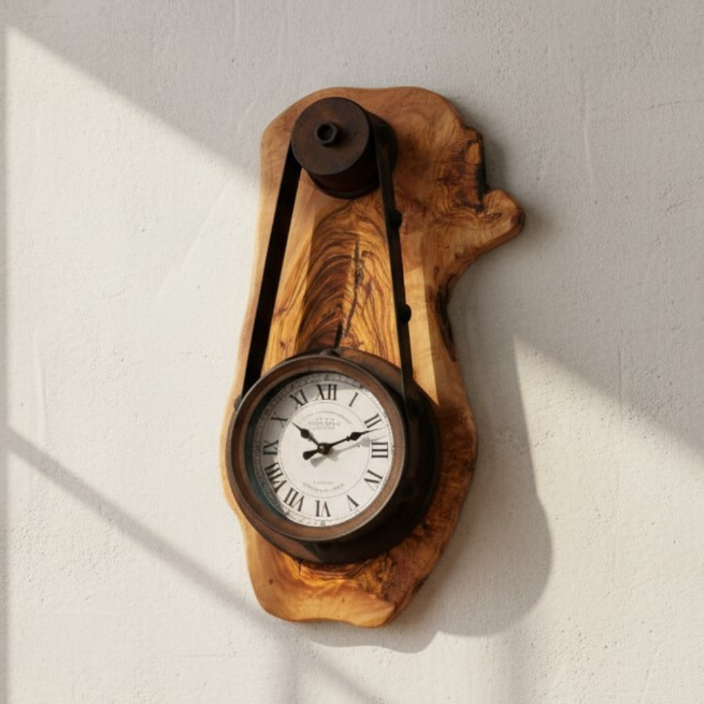 Industrial Steampunk Olive Wood Wall Clock | Pulley Belt Statement Wall Clock
