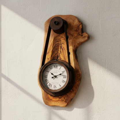 Industrial Steampunk Olive Wood Wall Clock | Pulley Belt Statement Wall Clock