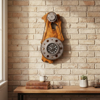 Industrial Olive Wood Gear Wall Clock